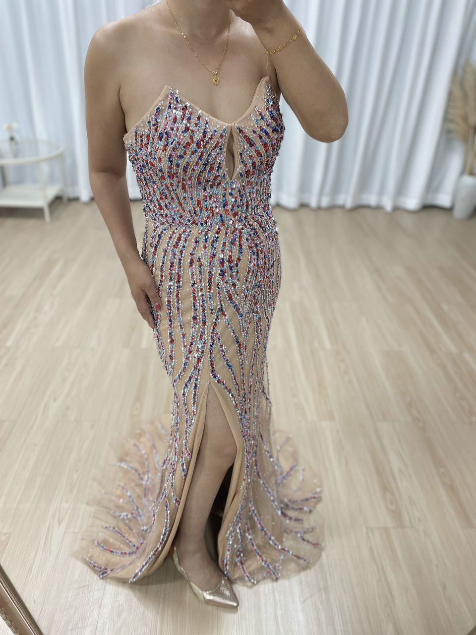 Luxury Multicolor Evening Wear with Beaded Bodice Slit Design Long Train MB40414