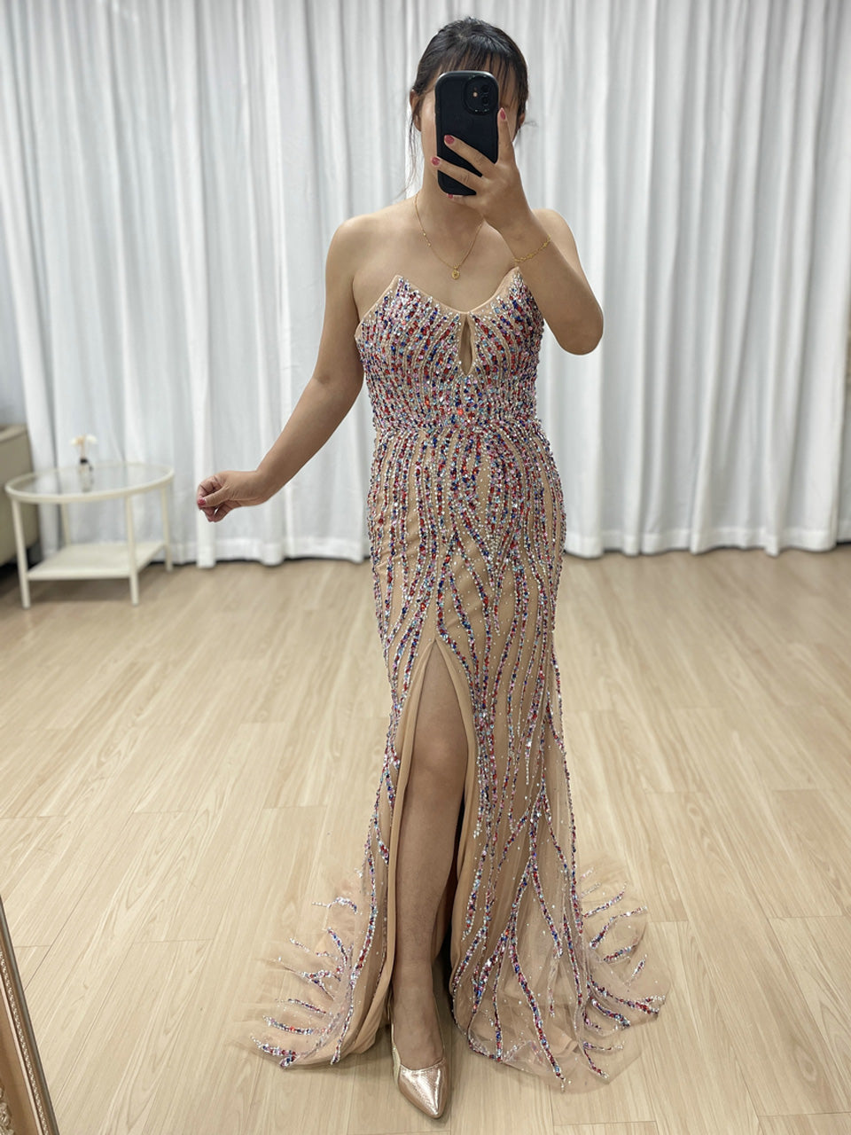 Luxury Multicolor Evening Wear with Beaded Bodice Slit Design Long Train MB40414