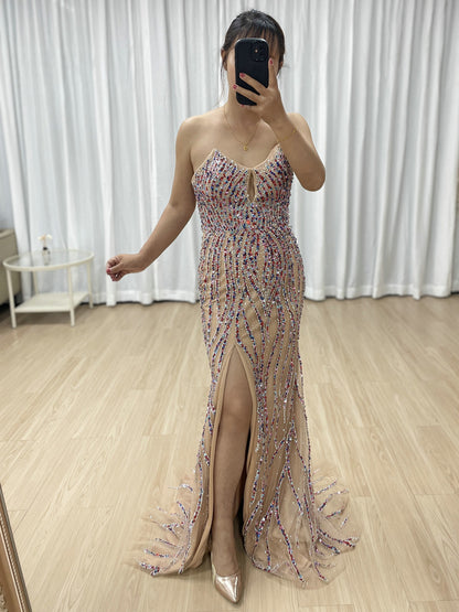 Luxury Multicolor Evening Wear with Beaded Bodice Slit Design Long Train MB40414