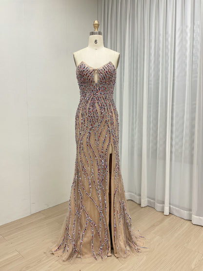 Luxury Multicolor Evening Wear with Beaded Bodice Slit Design Long Train MB40414