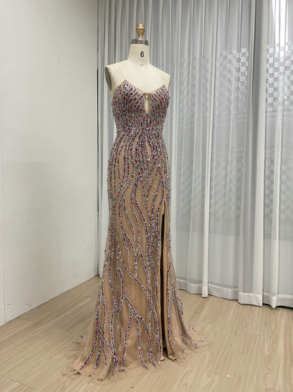 Luxury Multicolor Evening Wear with Beaded Bodice Slit Design Long Train MB40414