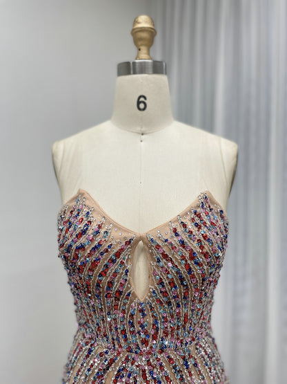 Luxury Multicolor Evening Wear with Beaded Bodice Slit Design Long Train MB40414