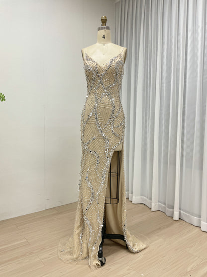 Elegant Champagne Evening Gown with V-Neck Beaded Bodice Mermaid Style MB40415