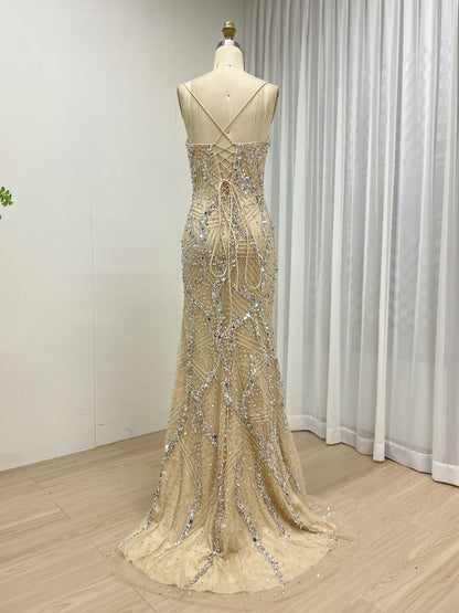 Elegant Champagne Evening Gown with V-Neck Beaded Bodice Mermaid Style MB40415