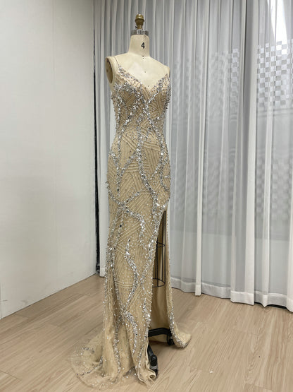 Elegant Champagne Evening Gown with V-Neck Beaded Bodice Mermaid Style MB40415