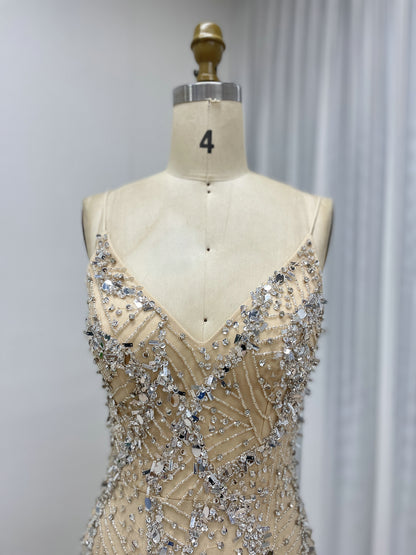 Elegant Champagne Evening Gown with V-Neck Beaded Bodice Mermaid Style MB40415