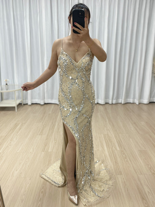 Elegant Champagne Evening Gown with V-Neck Beaded Bodice Mermaid Style MB40415