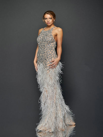 Luxury Bead Diamond Sexy Sleeveless Backless Feather Bottom Embellished Prom Evening Gown MB40416