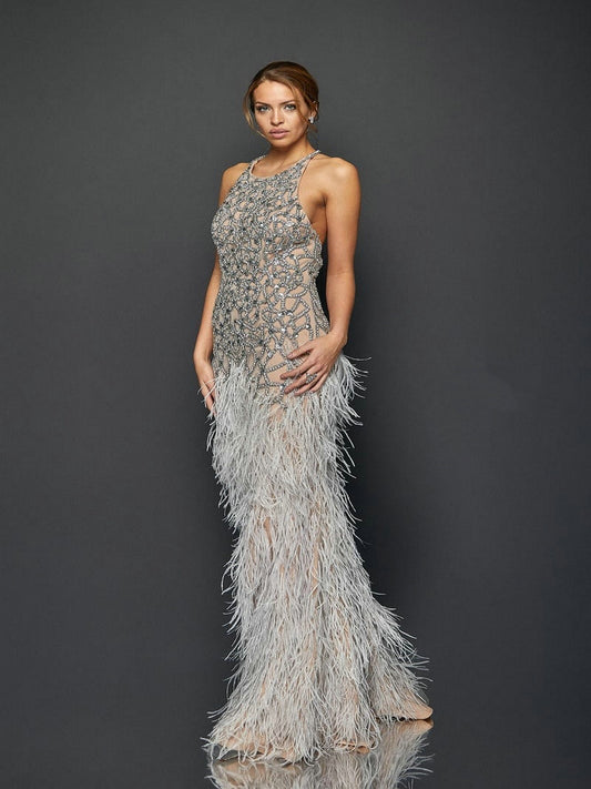 Luxury Bead Diamond Sexy Sleeveless Backless Feather Bottom Embellished Prom Evening Gown MB40416