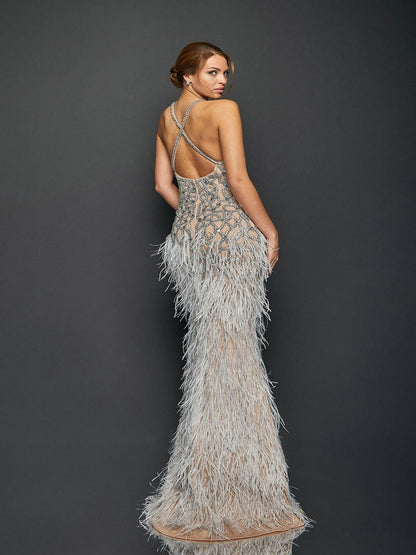 Luxury Bead Diamond Sexy Sleeveless Backless Feather Bottom Embellished Prom Evening Gown MB40416