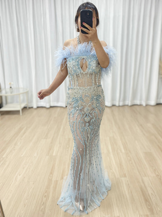 Graceful Feather Neckline Sexy Halter Sheer Prom Evening Dress Embellished With Luxurious Hand Beading MB40417