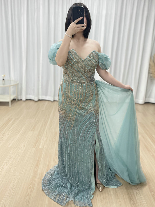 Green Luxurious Sweetheart Off Shoulder Prom Dresses with High Split for Women Dress Plus Size MB40419