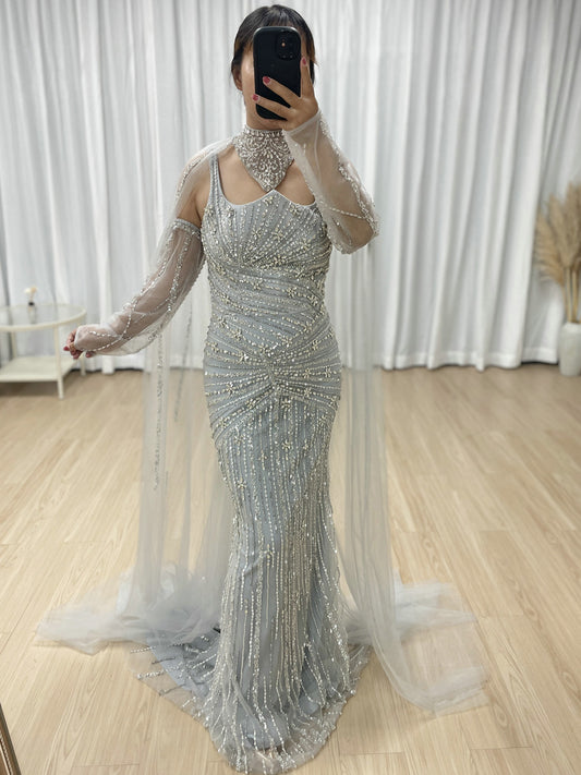 Luxury Silver Gowns for Women With Cape Sleeve Handmade Beading Long Mermaid Wedding Dress MB40420