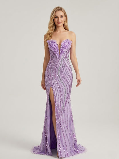 Purple 3D Floral Sequin Mermaid Prom Dress  High Slit Evening Gown MB40422