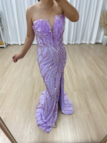 Luxury Lavender Sleeveless Sexy High Slit Evening Gown With 3D Floral MB40422