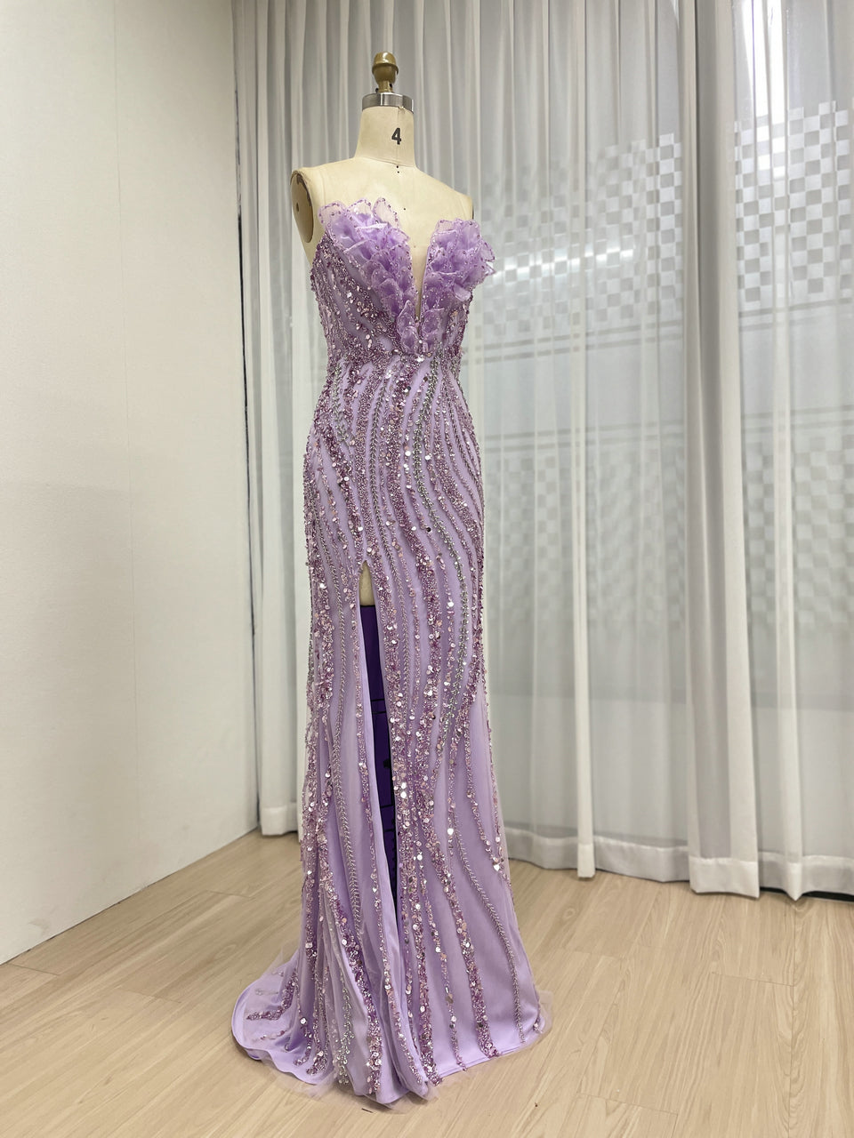 Luxury Lavender Sleeveless Sexy High Slit Evening Gown With 3D Floral MB40422