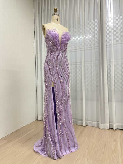 Luxury Lavender Sleeveless Sexy High Slit Evening Gown With 3D Floral MB40422