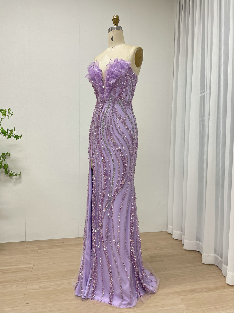 Luxury Lavender Sleeveless Sexy High Slit Evening Gown With 3D Floral MB40422