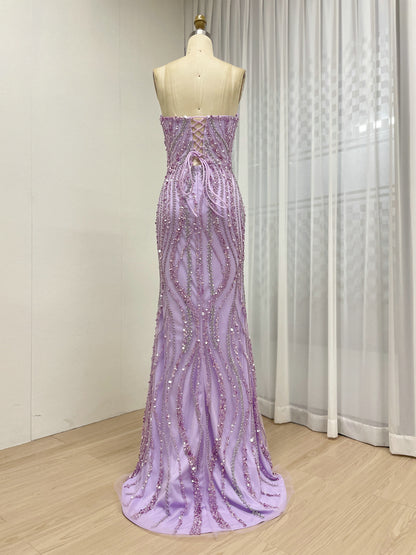 Luxury Lavender Sleeveless Sexy High Slit Evening Gown With 3D Floral MB40422