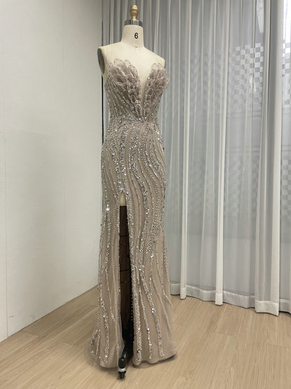 Purple 3D Floral Sequin Mermaid Prom Dress  High Slit Evening Gown MB40422