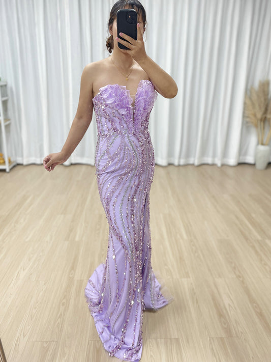 Luxury Lavender Sleeveless Sexy High Slit Evening Gown With 3D Floral MB40422
