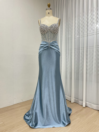 Exquisite Hand Beaded Crystal Diamond Sexy Spaghetti Strap Mermaid Prom Evening Gown MB40423