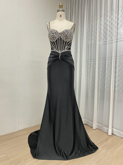 Exquisite Hand Beaded Crystal Diamond Sexy Spaghetti Strap Mermaid Prom Evening Gown MB40423