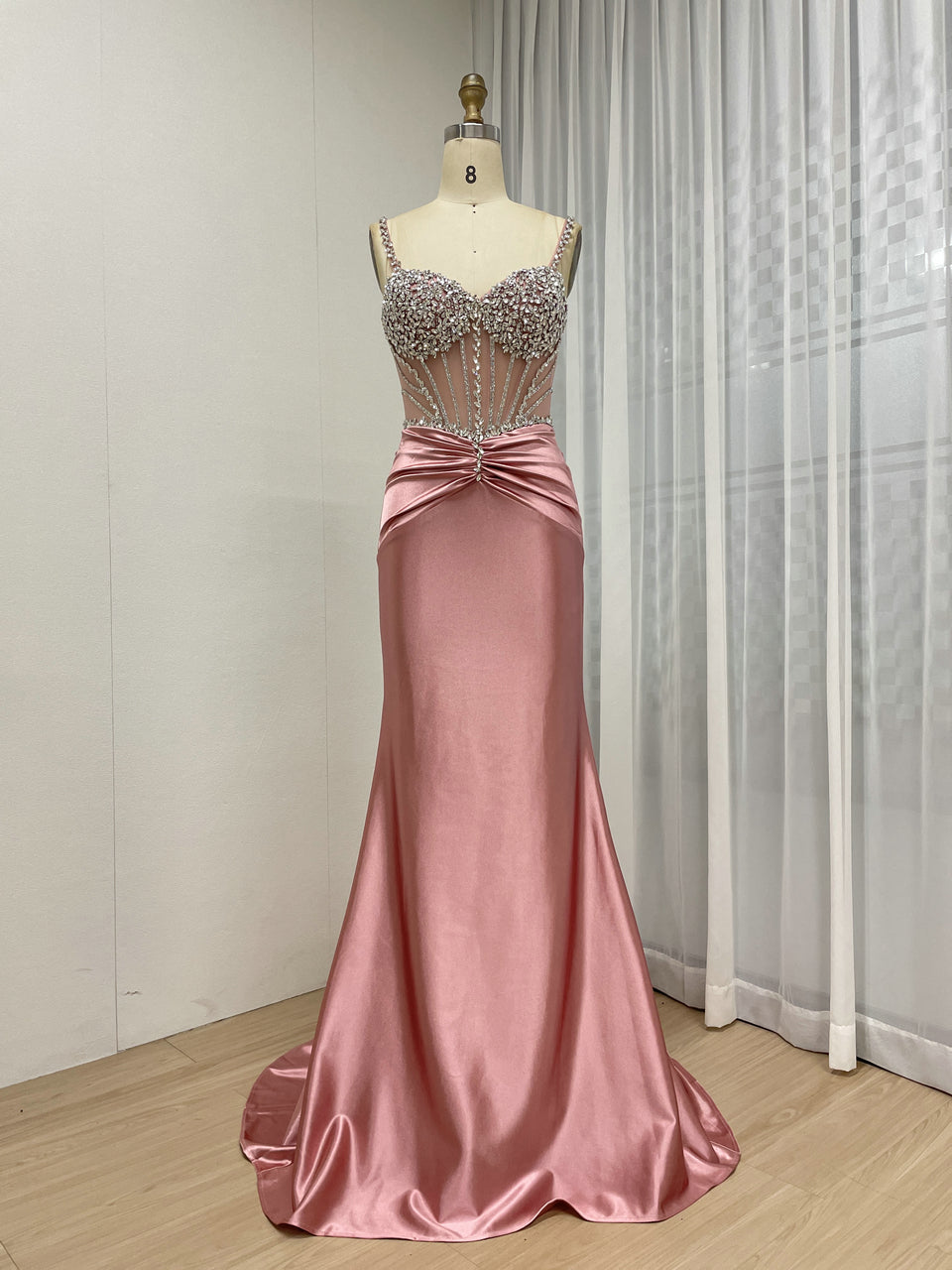 Exquisite Hand Beaded Crystal Diamond Sexy Spaghetti Strap Mermaid Prom Evening Gown MB40423