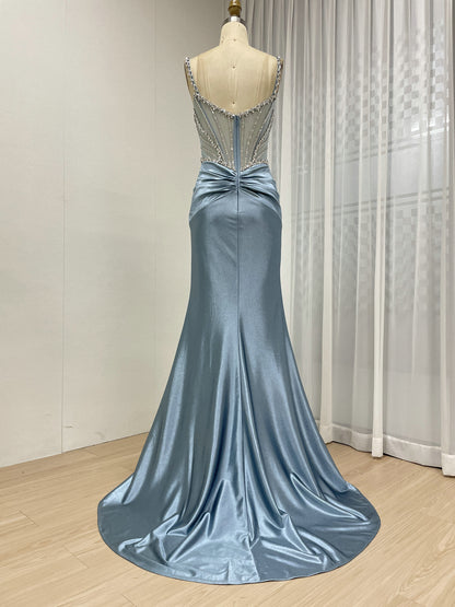 Exquisite Hand Beaded Crystal Diamond Sexy Spaghetti Strap Mermaid Prom Evening Gown MB40423