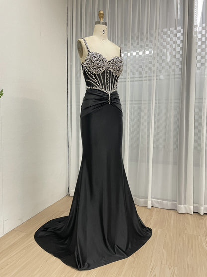 Exquisite Hand Beaded Crystal Diamond Sexy Spaghetti Strap Mermaid Prom Evening Gown MB40423