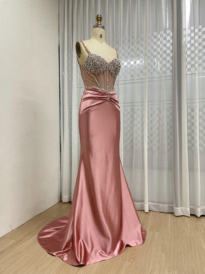 Exquisite Hand Beaded Crystal Diamond Sexy Spaghetti Strap Mermaid Prom Evening Gown MB40423