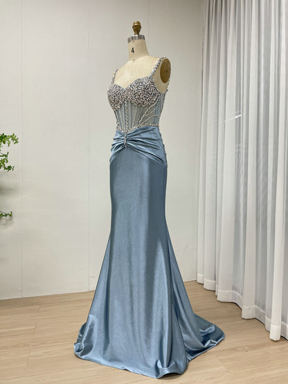 Exquisite Hand Beaded Crystal Diamond Sexy Spaghetti Strap Mermaid Prom Evening Gown MB40423