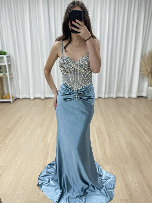 Exquisite Hand Beaded Crystal Diamond Sexy Spaghetti Strap Mermaid Prom Evening Gown MB40423