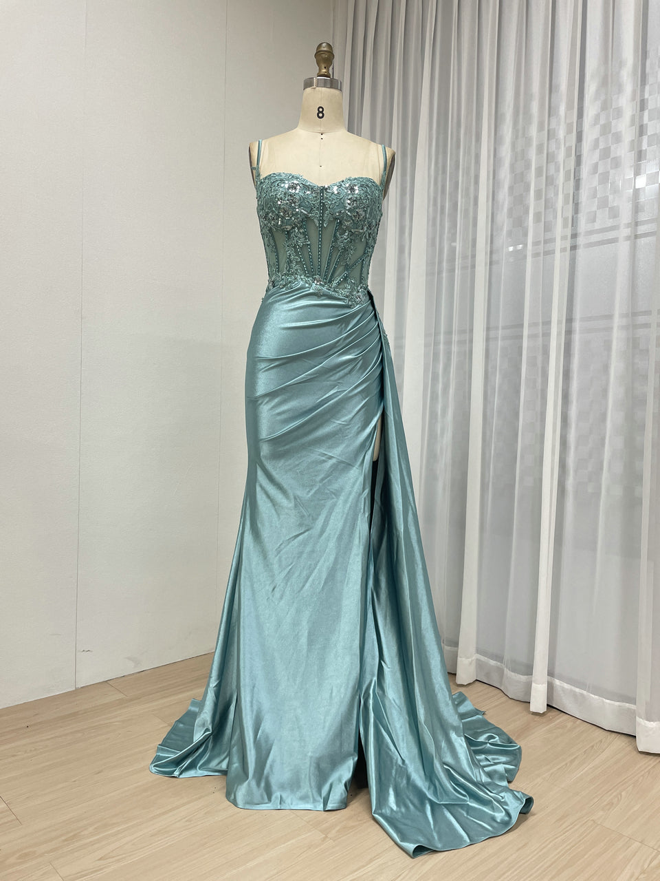 Sexy High Slit Mermaid Evening Dress Beautiful 3D Floral Embroidery With Graceful Side Skirt MB40424