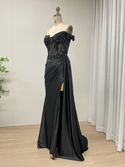 Elegant Off the Shoulder Sexy High Slit Evening Gown With Graceful Side Skirt MB40425