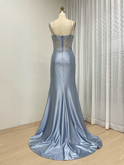Stylish Mermaid Prom Evening Gown With Sexy High Slit 3D Floral Embroidery for Party MB40426