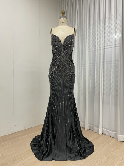 Sexy Spaghetti Strap V Neck Sheer Waist Mermaid Prom Evening Gown for Formal MB40428