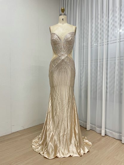 Sexy Spaghetti Strap V Neck Sheer Waist Mermaid Prom Evening Gown for Formal MB40428
