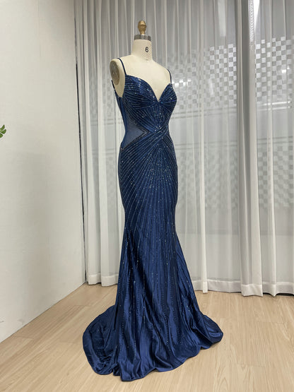 Sexy Spaghetti Strap V Neck Sheer Waist Mermaid Prom Evening Gown for Formal MB40428