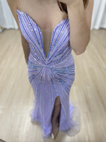 Sexy V Neck High Slit Beaded Embroidery Mermaid Prom Evening Gown for Formal Occasions MB40429