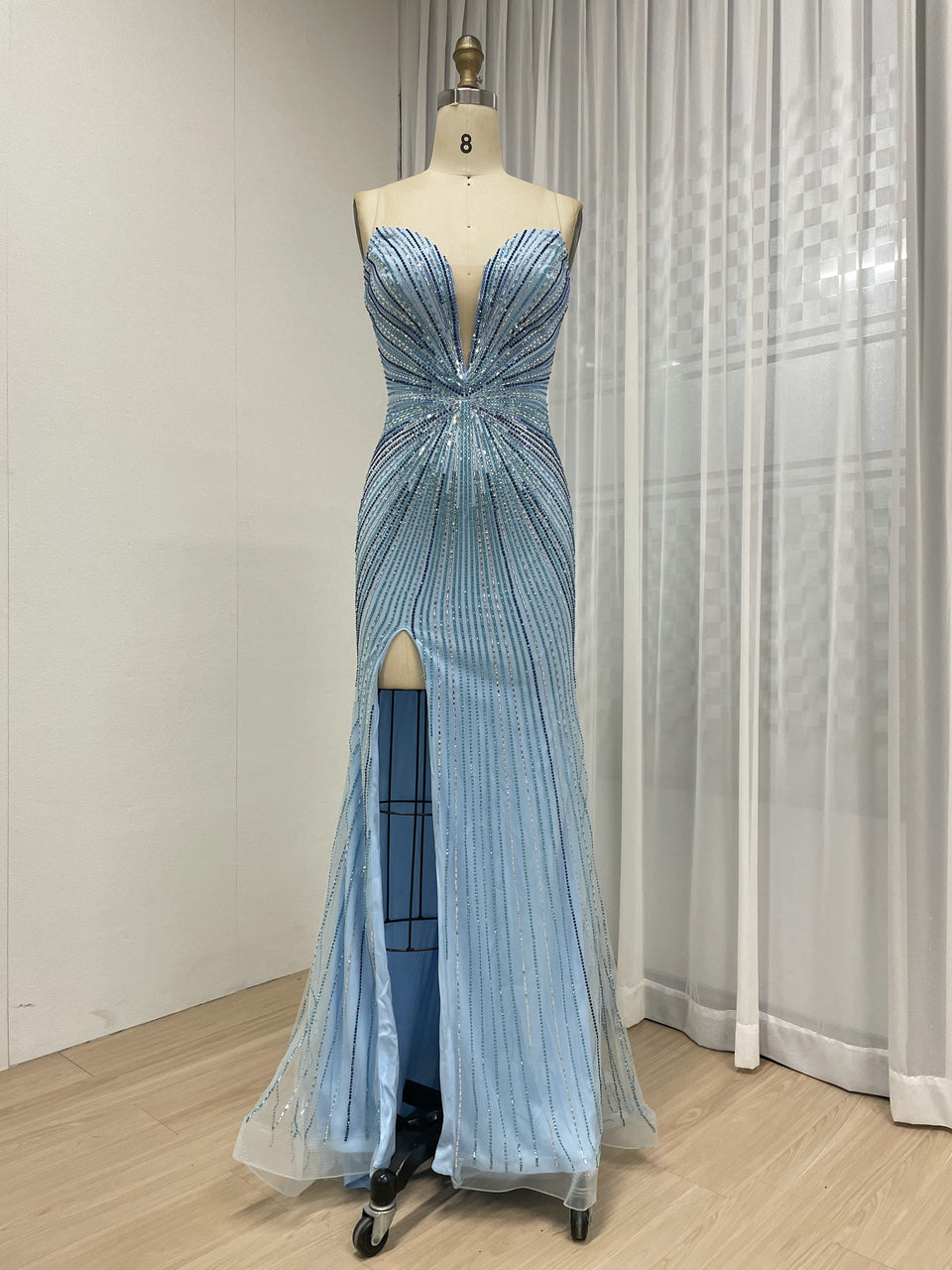 Sexy V Neck High Slit Beaded Embroidery Mermaid Prom Evening Gown for Formal Occasions MB40429