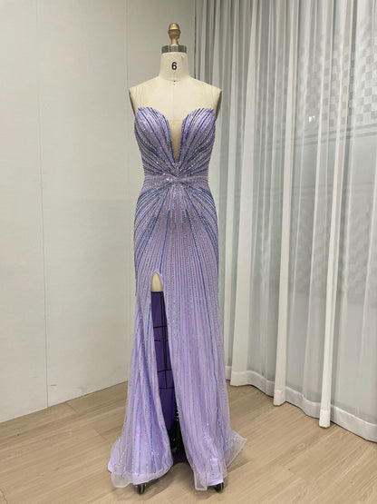 Sexy V Neck High Slit Beaded Embroidery Mermaid Prom Evening Gown for Formal Occasions MB40429