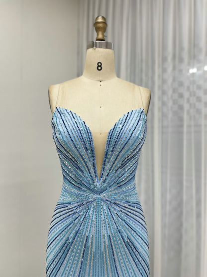 Sexy V Neck High Slit Beaded Embroidery Mermaid Prom Evening Gown for Formal Occasions MB40429