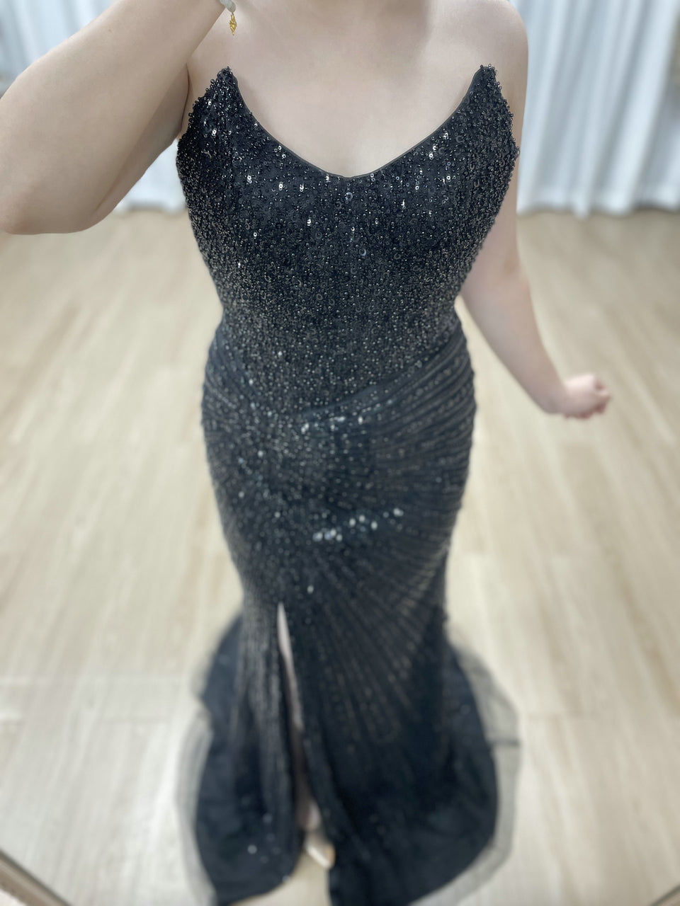 Black Formal Dress Spaghetti Strap Beaded High-Slit Evening Gown MB40430-2