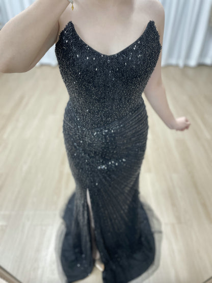 Black Formal Dress Spaghetti Strap Beaded High-Slit Evening Gown MB40430-2