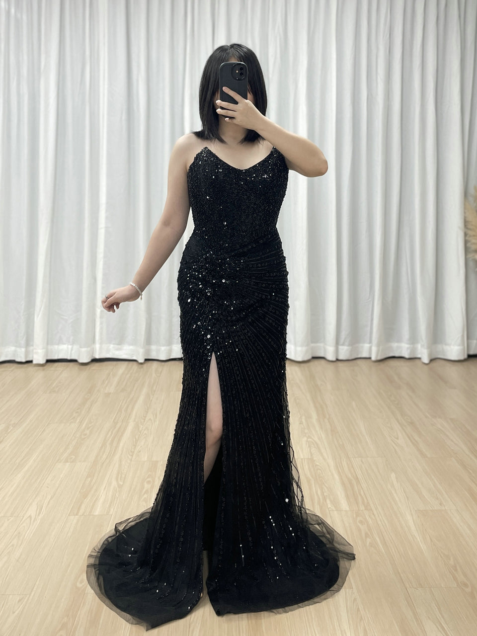 Black Formal Dress Spaghetti Strap Beaded High-Slit Evening Gown MB40430-2