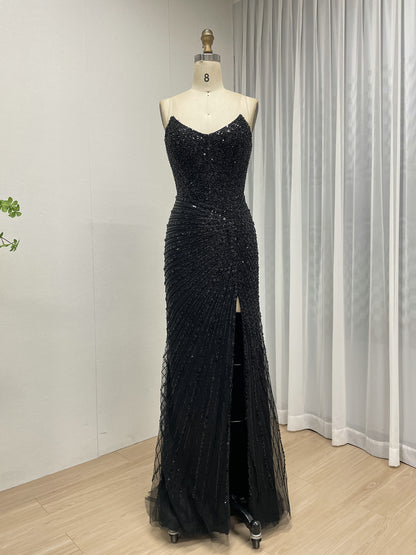 Black Formal Dress Spaghetti Strap Beaded High-Slit Evening Gown MB40430-2