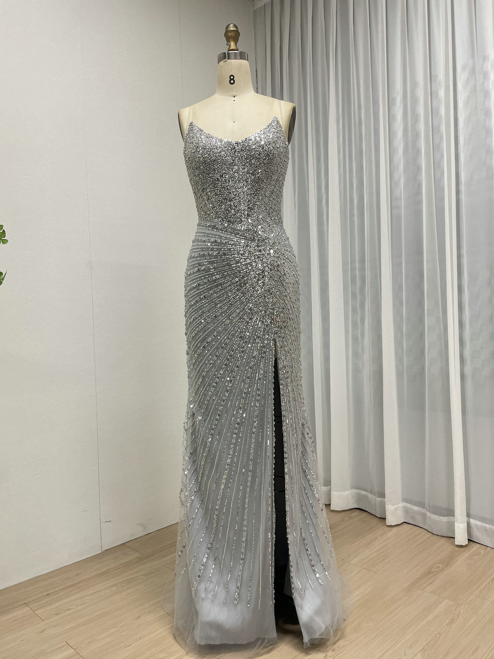 Black Formal Dress Spaghetti Strap Beaded High-Slit Evening Gown MB40430-2