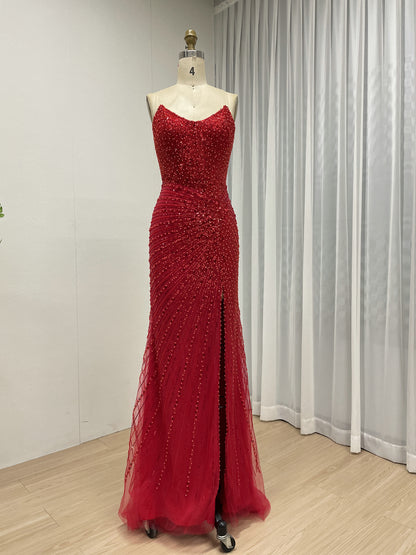 Black Formal Dress Spaghetti Strap Beaded High-Slit Evening Gown MB40430-2