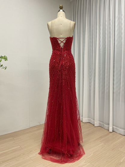 Black Formal Dress Spaghetti Strap Beaded High-Slit Evening Gown MB40430-2